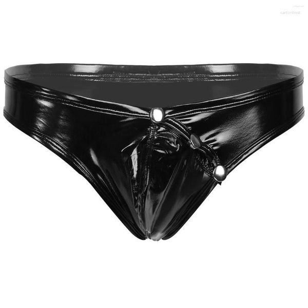 Cuecas pretas homens wetlook lingerie calcinha moda festas de couro falso cintura baixa jockstraps bulge bolsa triângulo briefs roupa interior