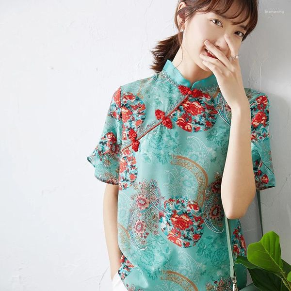 Mulheres Camisetas Seda Estilo Chinês Cheongsam Top Factory Straight Out Crepe De Chine Disco Botão Impresso Camisa
