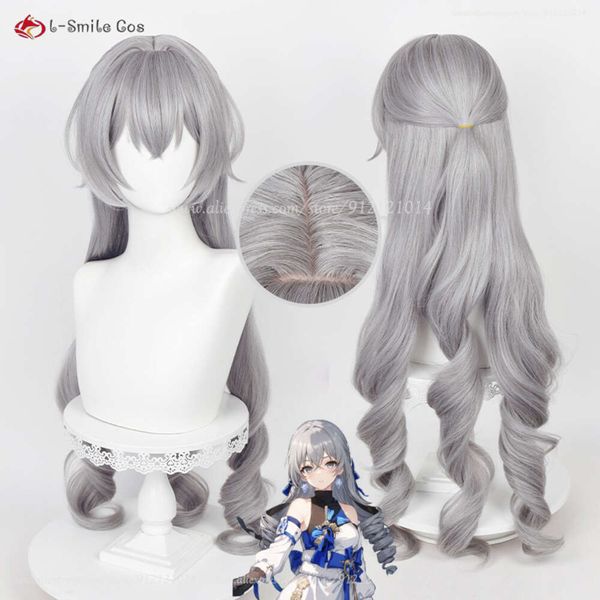 Fantasia de gato jogo honkai: star rail bronya cosplay 95cm de comprimento sier cinza cabelo encaracolado resistente ao calor festa de halloween perucas de anime + touca de peruca