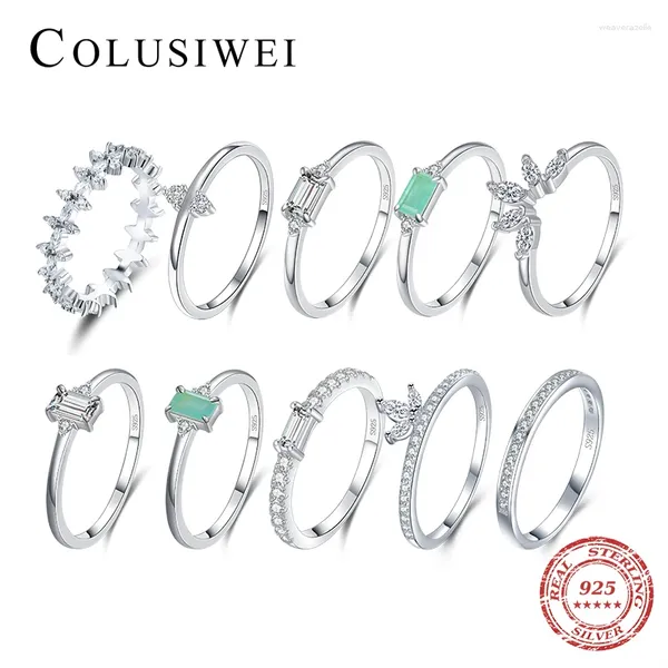 Küme halkaları colusiwei 925 STERLING Gümüş Zümrüt Kesme Clear Cz Crown Flower Paraiba Turmalin İstiflenebilir Parmak Kadınlar için Güzel Takı