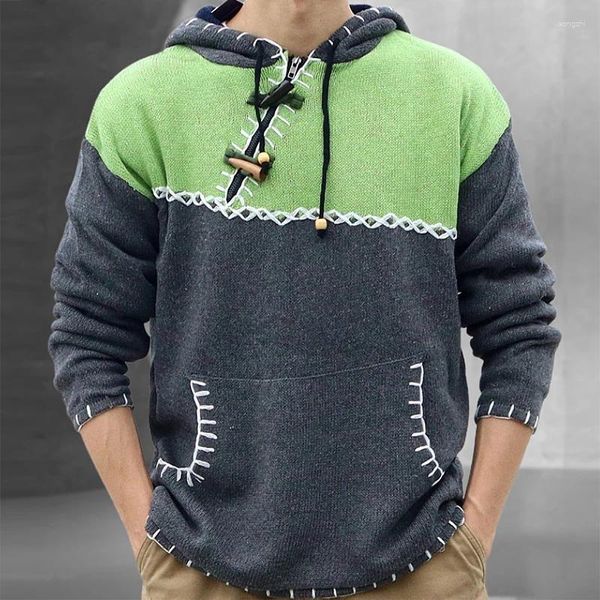 Erkek Hoodies Sıradan Erkek Kazak Sözleşmesi Renk Sonbahar Moda Gevşek Uzun Kollu Kapşonlu Sweaters Vintage Erkekler Dikiş Örgü Jumpers