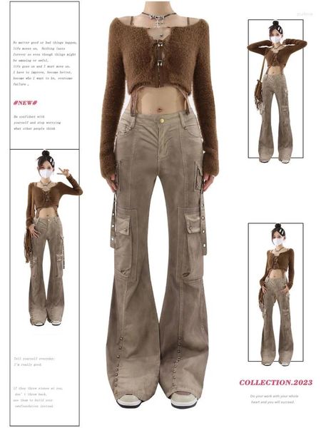 Damen Jeans Khaki Vintage Cargo Harajuku 2000er High Waist Y2k 90er Punk Aesthetic Wide Flare Denim Hose Grunge Kleidung