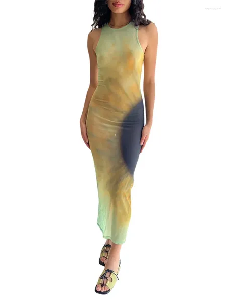 Abiti casual da donna Y2k Grunge Tie Dye Tank Dress senza maniche aderente lungo stampato dipinto Es Party Trendy Sundress