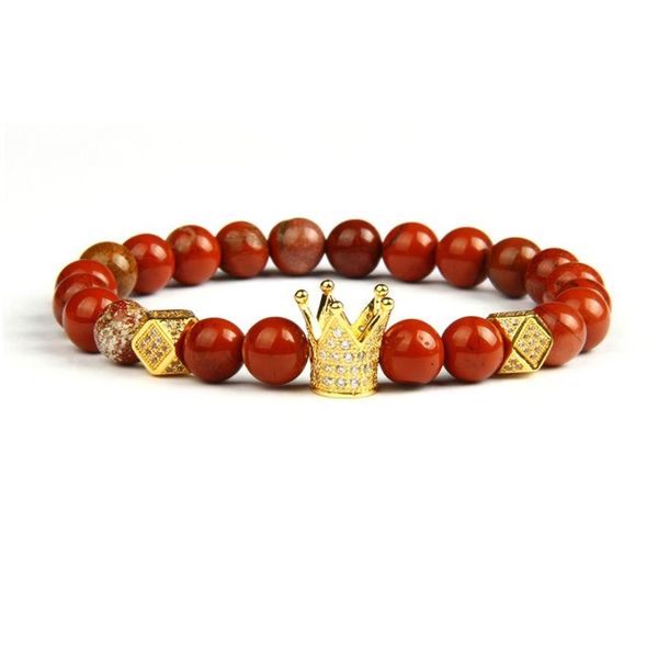 Gioielli in oro intero 10 pz / lotto 8 mm perline di pietra rossa naturale con braccialetti con ciondoli a corona micro pavimentati di alta qualità per Gift226S