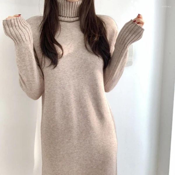 Sıradan Elbiseler Japon Sweater Belktleneck Kaşmir Düz Tüp Ünlü Tarzı Retro Kore Versiyonu Uzun Gevşek Alt Örgü Elbise