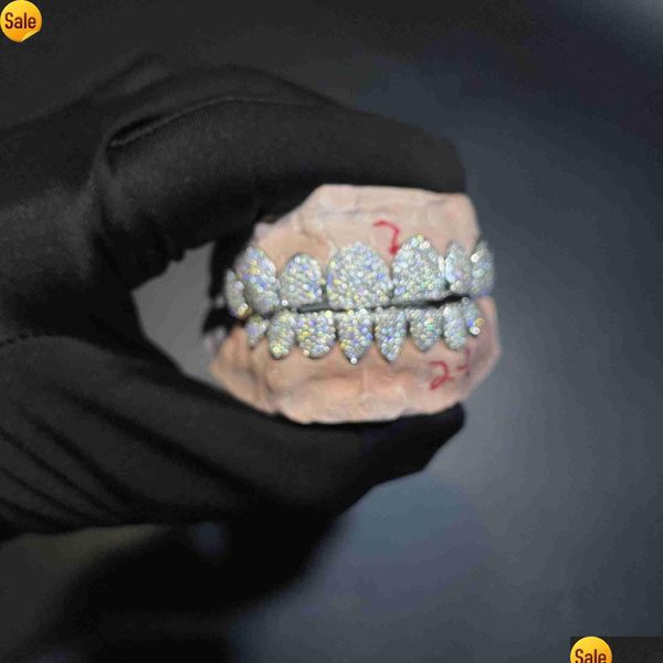 Correntes de barriga brilho feito sob encomenda hip hop gelado 925 prata esterlina grelhas jóias de ouro ziguezague configuração vvs moissanite dentes boca gr otfpg