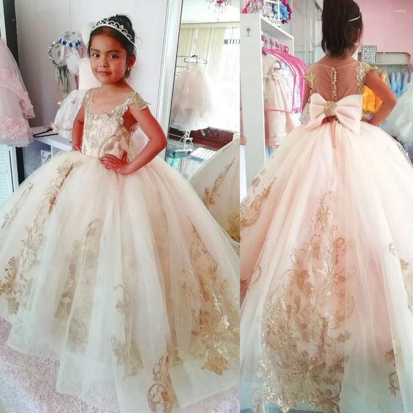 Kız Elbiseler Kızlar Balo Gown Çiçeği Düğünler İçin Dantel Aplikler Prenses Pageant Elbise Yaylı Yürümüşler Doğum Günü Partisi Gowns
