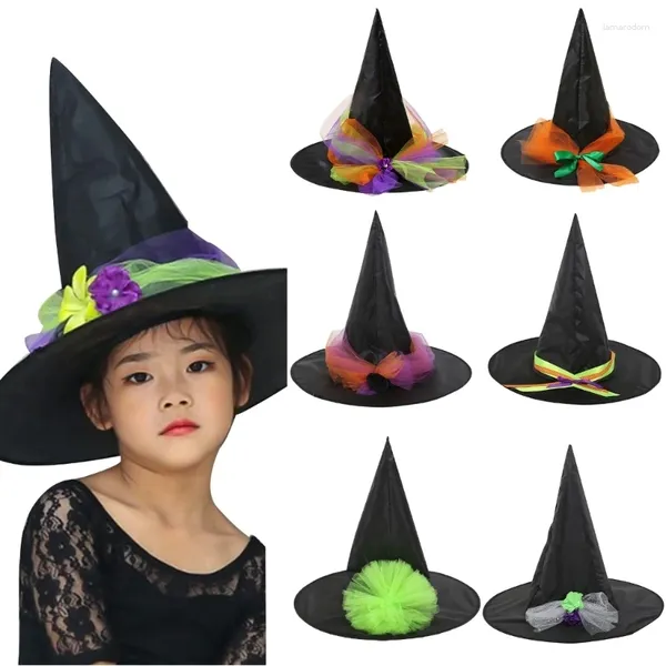 Береты, детская шляпа ведьмы для косплея с пряжей/цветком для Хэллоуина, детские аксессуары для волос, товары для выступлений, карнавалов, вечеринок H9ED