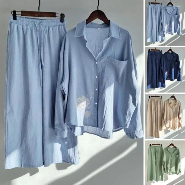 Set da corsa Set di pantaloni a camicia facili da pulire Set con stampa di tarassaco Risvolto Pantaloni larghi primaverili autunnali con vita elastica a gamba larga