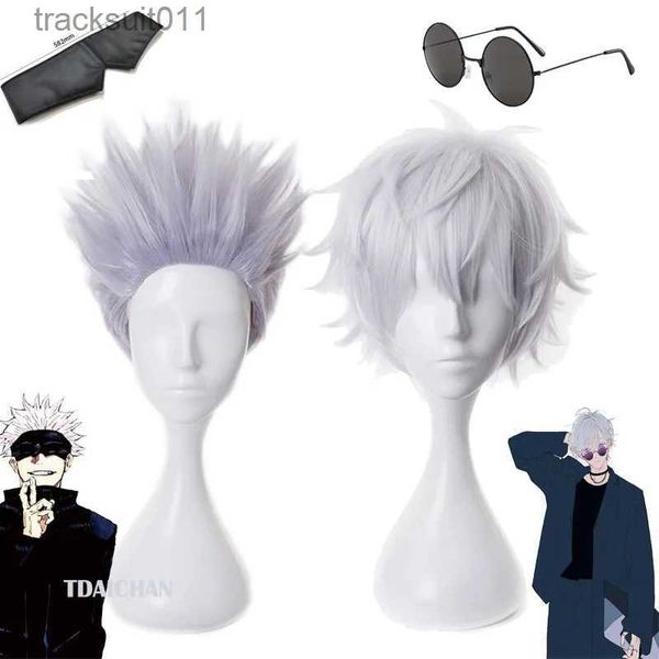 Trajes de anime Gojo Satoru Cosplay Perucas Anime Jujutsu Kaisen Gojo curto resistente ao calor cabelo sintético com peruca boné peruca de festa sem tapa-olho L231027