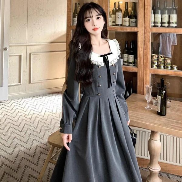 Vestidos casuais vintage estilo francês plissado a linha cinza para mulheres manga longa elegante escola formal estudante colarinho quadrado roupas de festa
