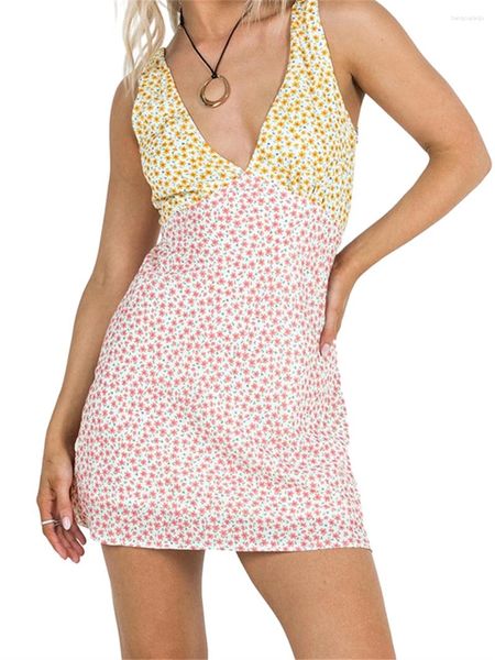 Vestidos casuais Wsevypo feminino floral impressão verão tanque vestido chique sem mangas decote em v profundo amarração traseira curta praia mini