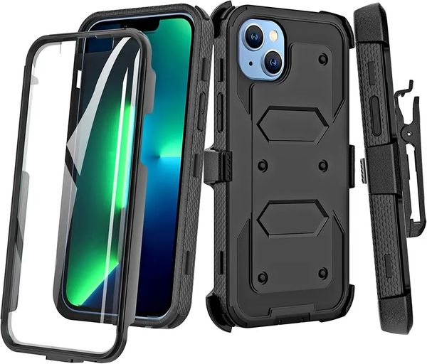 Casse telefoniche del difensore del kickstand rotatable per iPhone 15 più 14 pro max 13 12 mini mini Samsung S24 S23 Fe Ultra Heavy Duty Holster Belt Clip con protezione dello schermo integrato