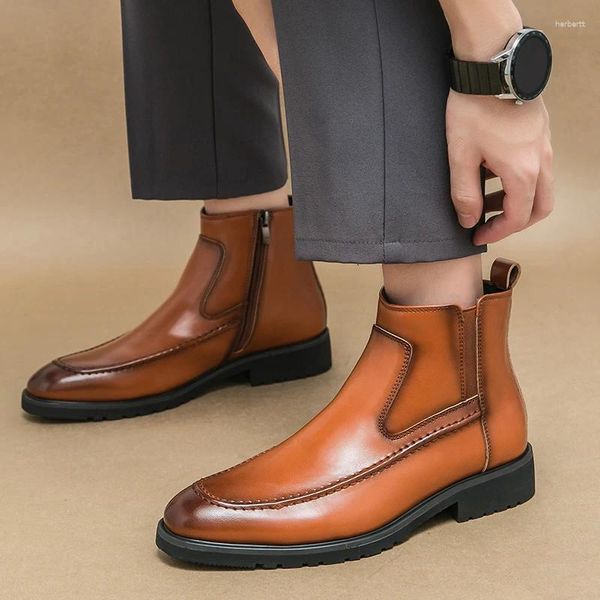 Botas de inverno moda masculina apontou preto marrom retalhos tornozelo masculino casual sapatos de alta qualidade zapatos hombre