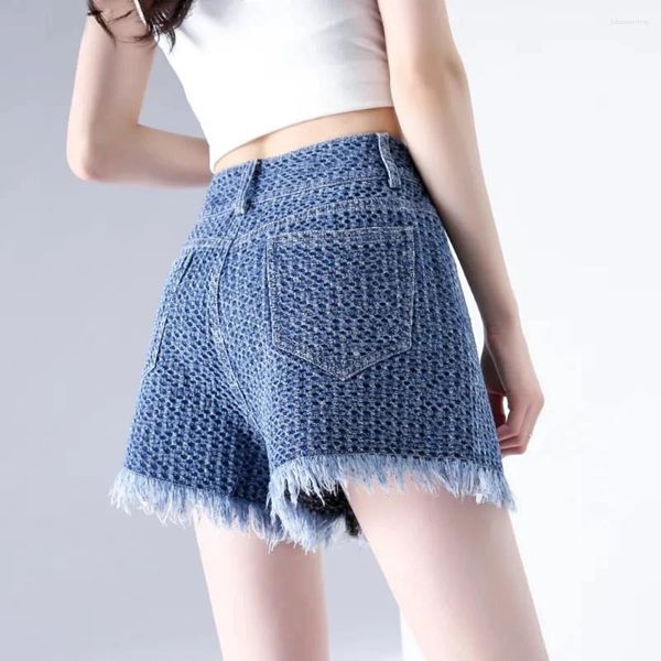 Shorts femininos mulheres casual verão cintura alta elástico denim jean júnior calças curtas azul borla bolsos para plus size