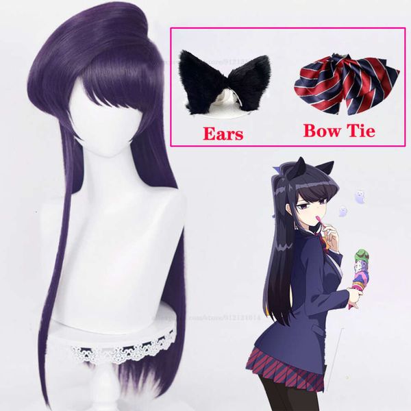 Catsuit trajes shouko cosplay peruca anime não pode se comunicar 80cm roxo preto orelhas de cabelo gravata borboleta komi san wa comyushou desu perucas