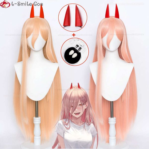 Catsuit kostümleri anime testere adamı cosplay uzun tip 2 renkli saç ısıya dayanıklı makima güç perukları sahne boynuzları dişleri + peruk kapağı