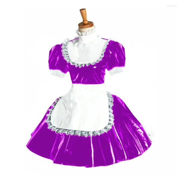 Lässige Kleider PVC-Dienstmädchenkleid A-Linie Lolita Weißer Spitzenbesatz Ausgefallenes Kostüm Vinyl Schlanke kurze Puffärmel Vestidos Plus Size