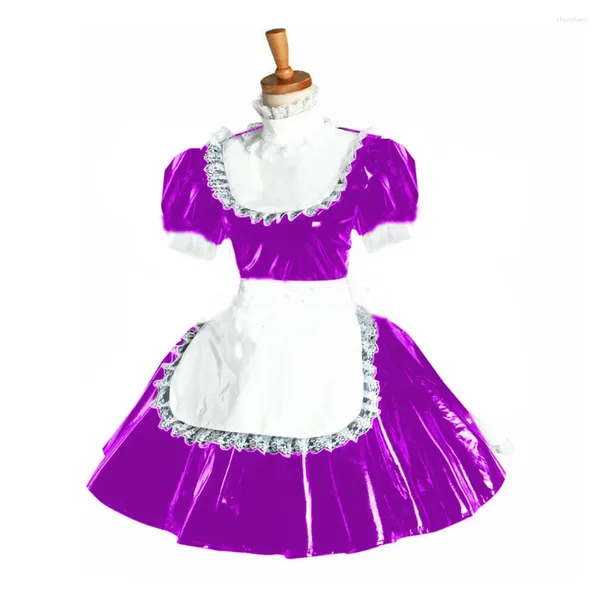 Vestidos casuais pvc vestido de empregada a linha lolita laço branco corte fantasia traje vinil fino mangas curtas puff vestidos plus size