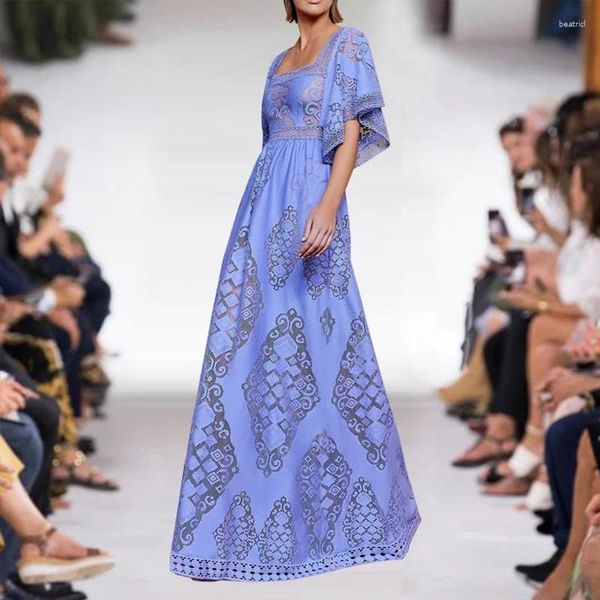 Partykleider High-End-Runway-Designer-Kleid Sommer Vintage Batwing-Hülse aushöhlen Spitze lang für Frauen 2023 Blau Weiß Vestidos