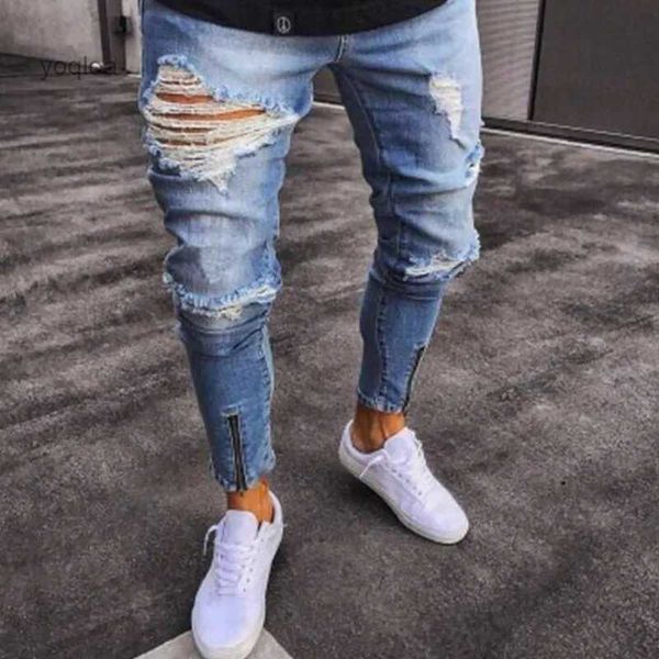Calças de brim masculinas 2022 novos jeans magros luz azul preto rasgado estiramento calças lápis masculino marca premium ropa hombre S-XXXL calças menl231026l231026