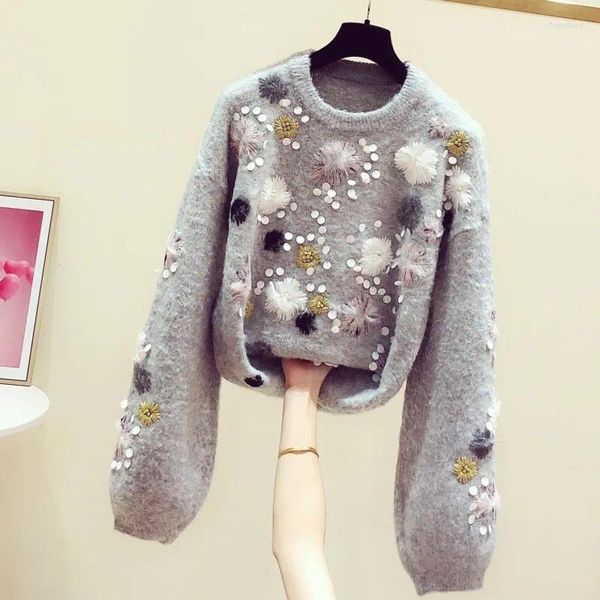 Maglioni da donna Maglioni invernali lavorati a maglia con perle da donna e pullover O-Collo Lanterna con maniche a lanterna Ricamo floreale Allentato addensare Top caldi da donna