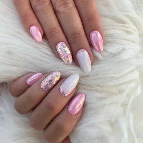 Unghie finte manicure ovale lunga nuvola stella rosa punte per unghie stampa francese staccabile sulle donne