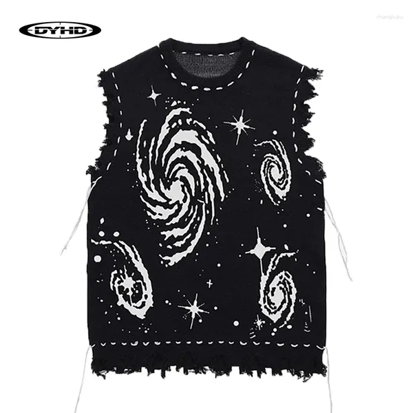 Herrenwesten Hip-Hop-Pullover Ärmellose Herren Streetwear Schwarze Strickweste Herren Gothic Dark Starry Sky Muster Retro Loch Quaste Übergroße Tops