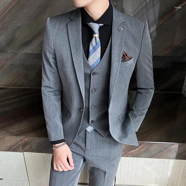 Erkek Suits Yüksek kaliteli moda takım elbise (takım pantolonlar) trend yakışıklı üst düzey butik çizgili damat düğün üç parçalı set