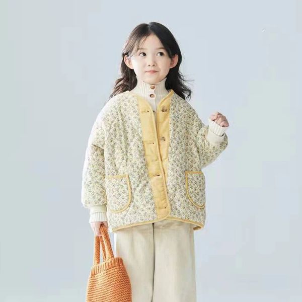 Jaquetas estilo coreano moda meninas jaqueta de algodão floral impressão de pelúcia casaco curto outono inverno único breasted crianças casaco 231026