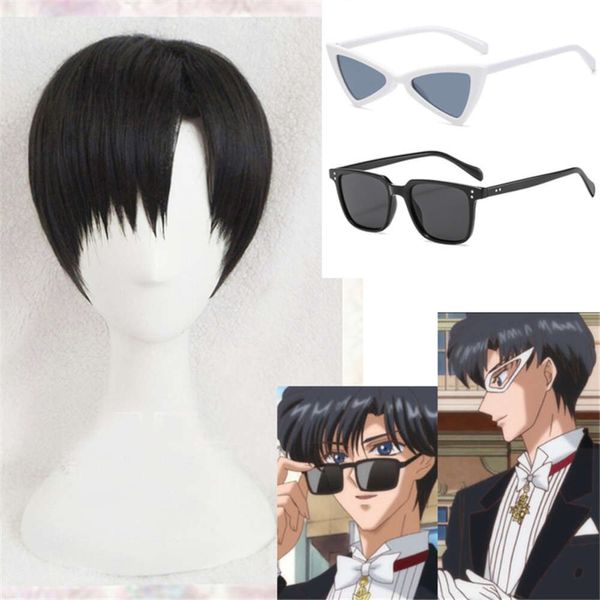 Catsuit Kostüme Mondkristall Mamoru Chiba Schwarz Cosplay Weiße Brille Hitzebeständige Kunsthaarperücke