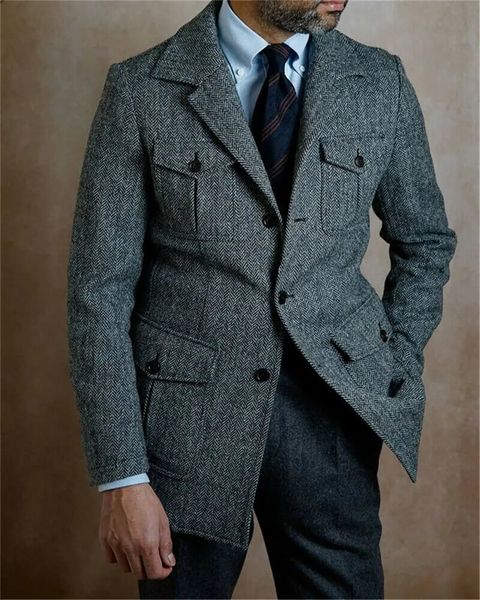 Herrenanzüge Blazer Vintage Business Männer Slim Fit Tweed Herringbone Smoking Bräutigam für Hochzeit Kerbe Revers Jacke Männlicher Blazer 231027