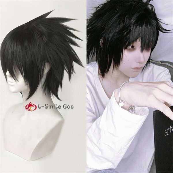 Trajes de catsuit de alta qualidade anime death note l cos homens l.lawliet resistente ao calor pelucas cosplay traje cabelo + peruca boné