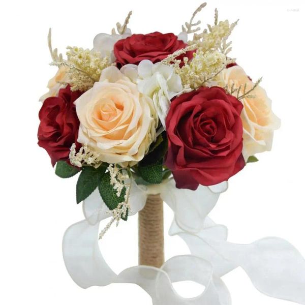 Dekorative Blumen Künstliche Rose Langlebiger realistischer wiederverwendbarer Hochzeitsstrauß mit Schleife und grünen Blättern