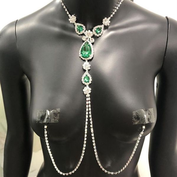 2020 Luxus Grün Strass Nicht Piercing Schmuck für Frauen Sexy Erwachsene Körper Nippel Kette Necklace1532