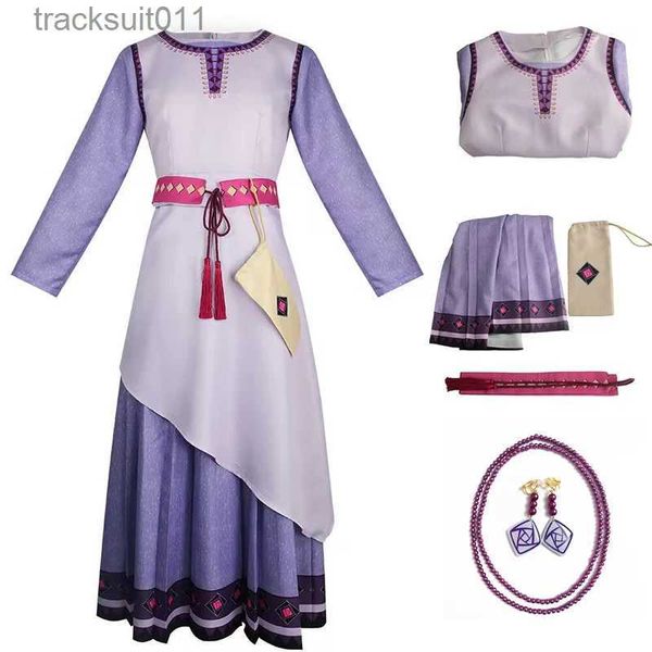 Anime Kostüme Film Asha Prinzessin Cosplay Come Asha Prinzessin Lila Langes Kostüm Cosplay Halloween Karneval für Frauen Mädchen Kinder L231027