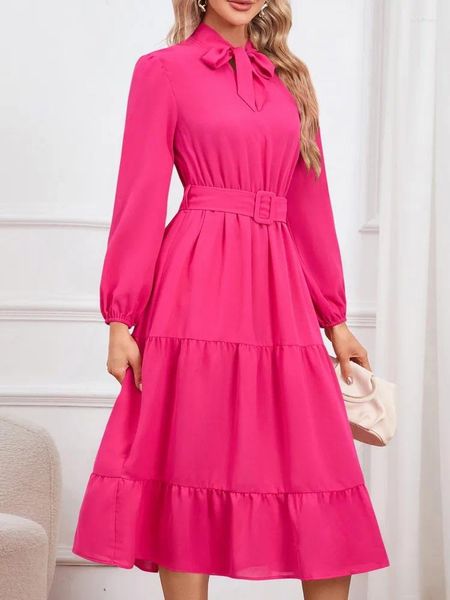 Vestidos casuais elegante magro mulheres vestido outono moda manga longa rendas até colarinho bolo a linha roupas de trabalho robe femme vestido midi