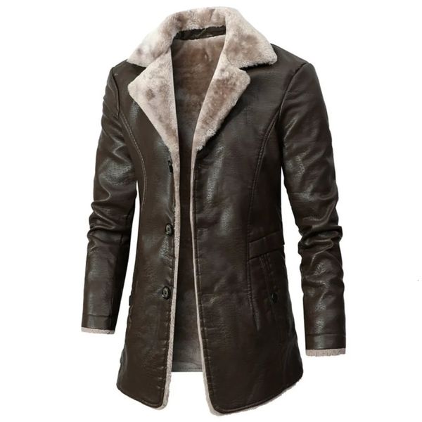 Männer Leder Faux Winter Warme Fleece Jacke Mode Business Casual Mittleren und Langen Anzug Kragen Windjacke PU Mäntel 231027