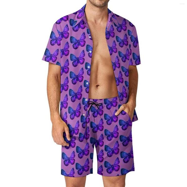 Tracksuits masculinos borboleta impressão homens define roxo animal legal camisa casual conjunto de mangas curtas shorts personalizados verão fitness ao ar livre terno grande