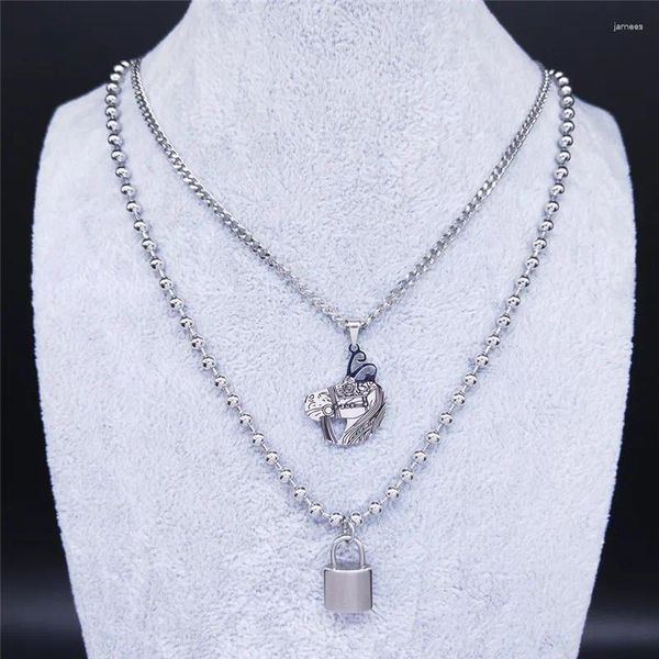 Anhänger Halsketten 2 stücke 2023 Edelstahl Layered Kette Halskette Frauen Silber Farbe Pferd Schmuck Collier Femme N3754S07