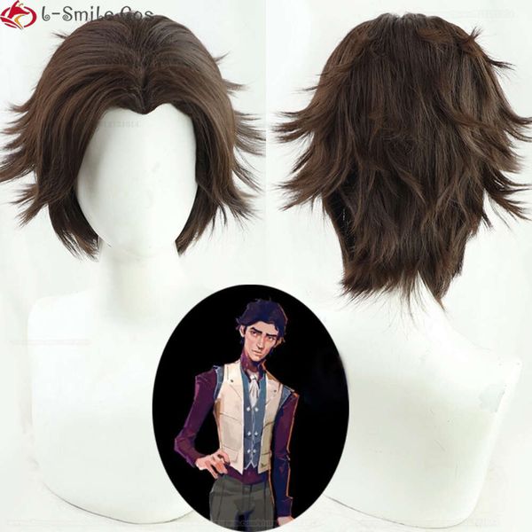 Costumi Catsuit Gioco Cosplay LOL Arcane the Hine Herald Viktor Parrucche sintetiche per capelli sintetici resistenti al calore marrone scuro + Protezione per parrucca