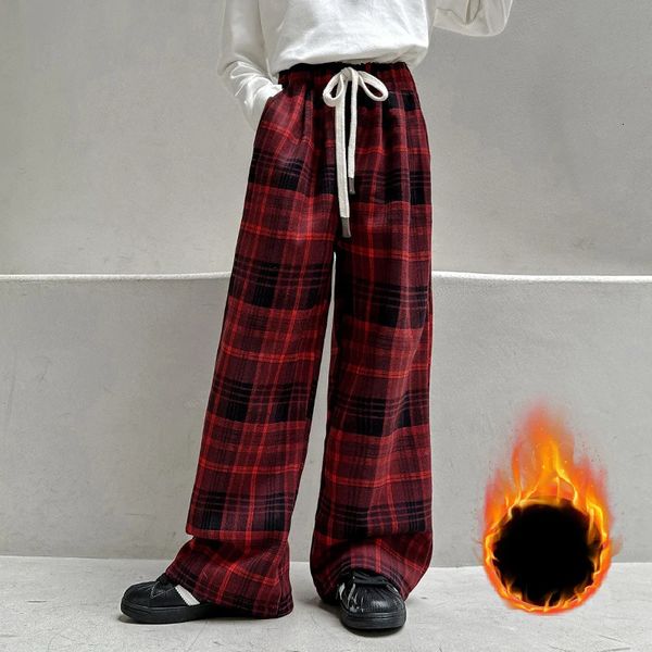 Calças meninas vermelho xadrez calças largas perna inverno lã quente calças retas para crianças casual grosso traje de natal crianças sweatpants 231026