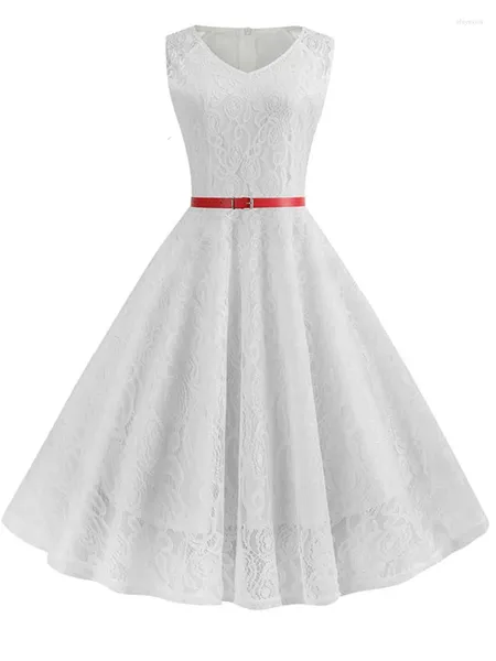 Abiti casual 2023 Donne eleganti Estate 50S 60S Abito vintage in pizzo Abito senza maniche Party Prom Abiti midi bianchi con cintura