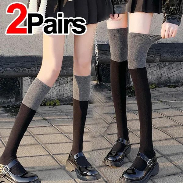 Meias femininas 1/2 pares de inverno longo tubo sobre o joelho preto cinza emenda preppy lolita jk bezerro cosplay combinação de cores