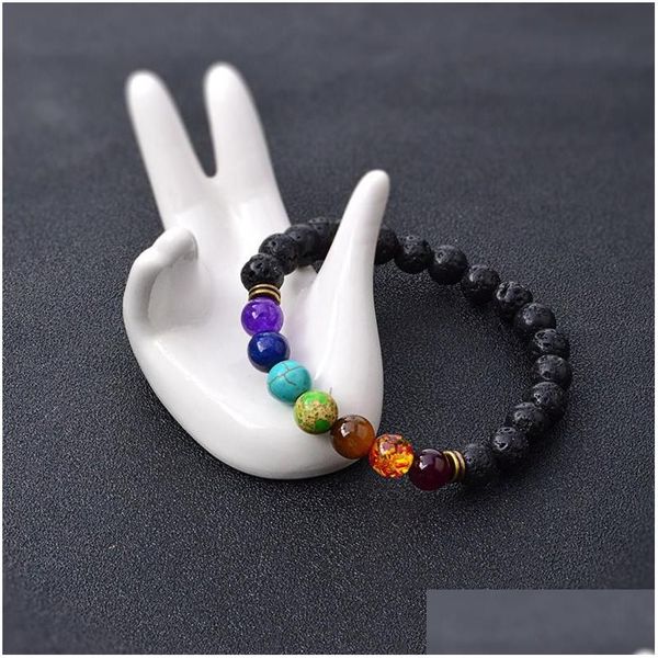 Perlen Neue Schwarze Lava Naturstein Armbänder 7 Reiki Chakra Perle Ätherisches Öl Diffusor Armband Für Männer Frauen Schmuck Drop lieferung Dhlu1