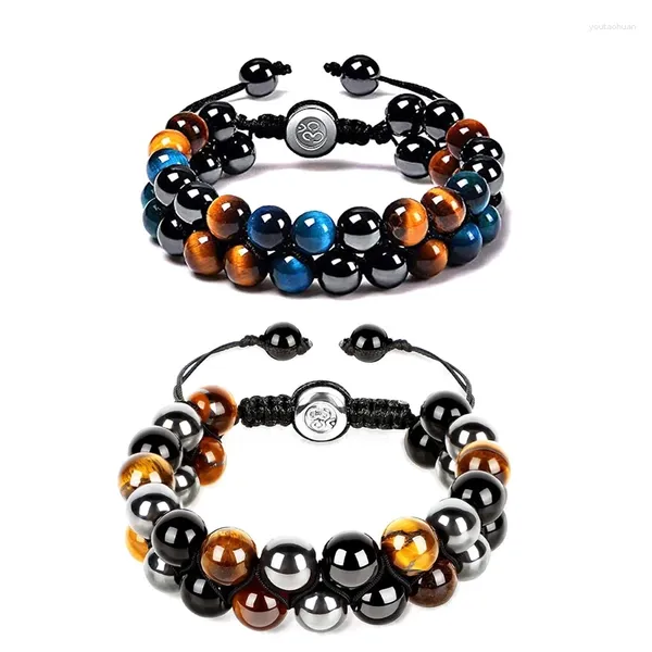 Pulseira artesanal de cordão para homens e mulheres, 8mm, contas de olho de tigre natural e cristal de obsidiana preta, traz sorte e prosperidade