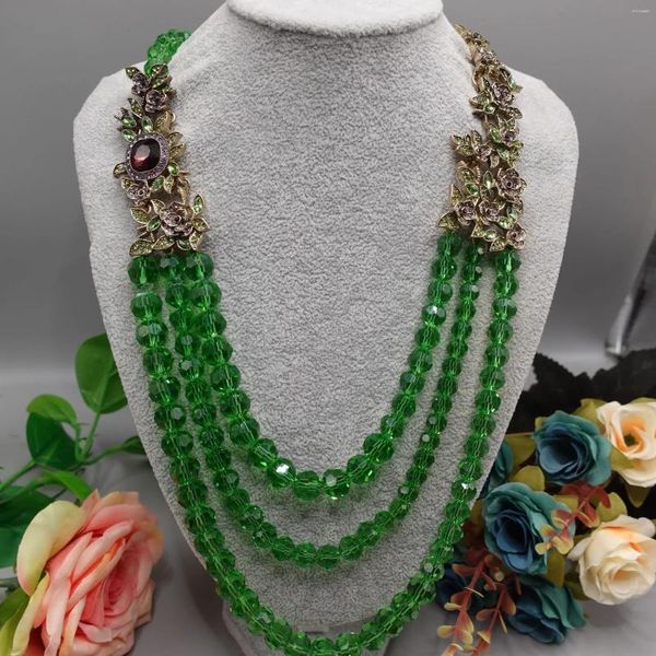 Catene Collana lunga vintage in cristallo verde multistrato Lega di diamanti Fiori Foglia Pesante gioielli europei e americani