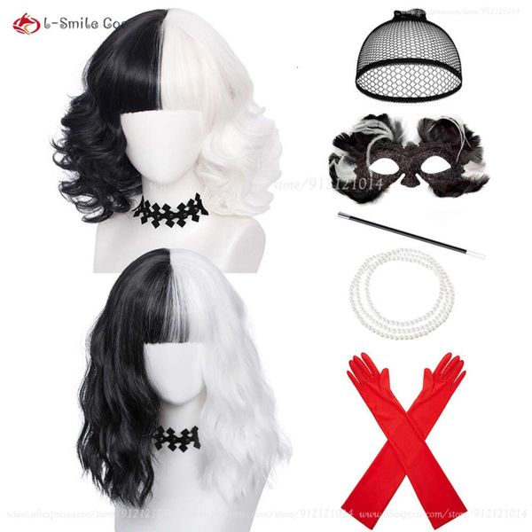 Catsuit trajes anime cruella de vil encaracolado preto meio branco cosplay feminino meninas cabelo curto bonito festa de halloween perucas + peruca boné