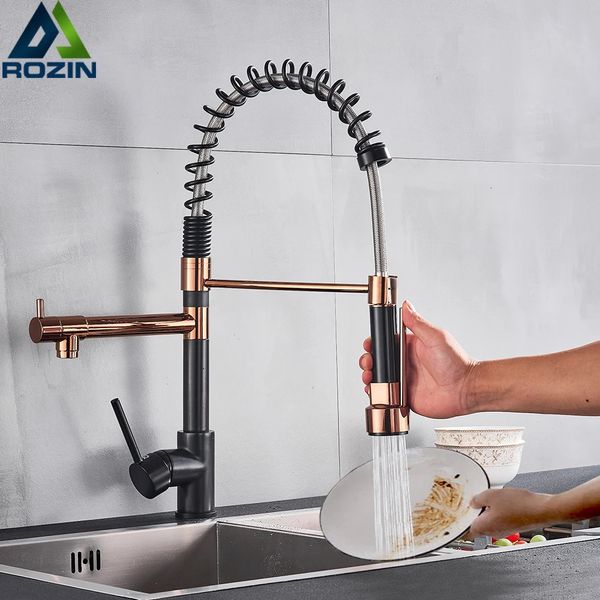 Küchenarmaturen Rozin Black and Rose Golden Spring Pull Down Sink Faucet Cold Water Mixer Crane Tap mit Dual-Auslauf Deckmontage 231026