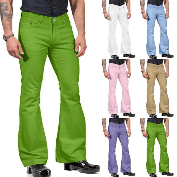 Calças masculinas masculinas flare 2023 outono 70s 80s moda casual cor sólida bolso terno calça sino bottoms estiramento calças vintage